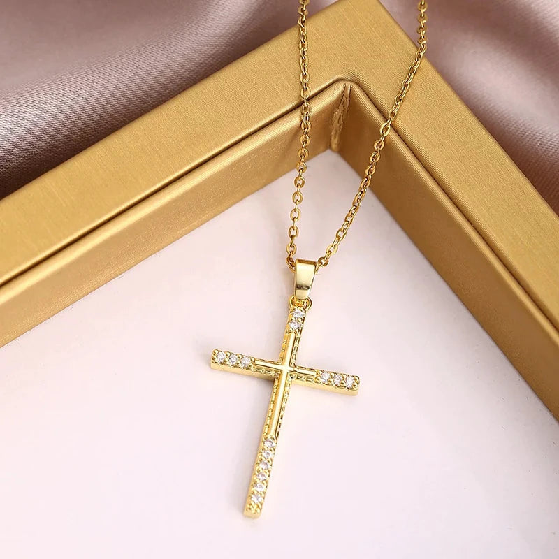 Men Women Hip Hop Zircon Cross Shiny Pendant Stainless Steel Necklace Charm Bling Exquisite Necklaces Jewelry Fashion Gifts