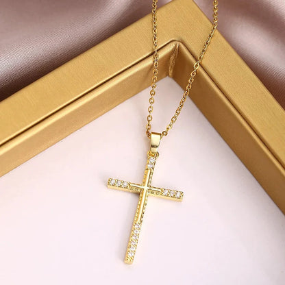 Men Women Hip Hop Zircon Cross Shiny Pendant Stainless Steel Necklace Charm Bling Exquisite Necklaces Jewelry Fashion Gifts