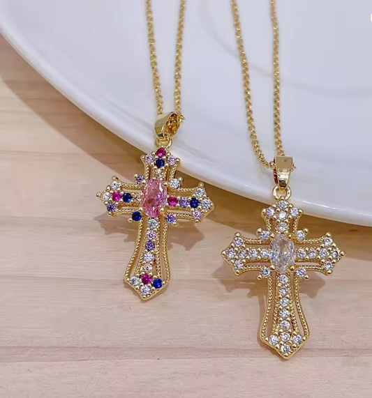 Gold-tone zircon cross necklace, multicolor and clear styles