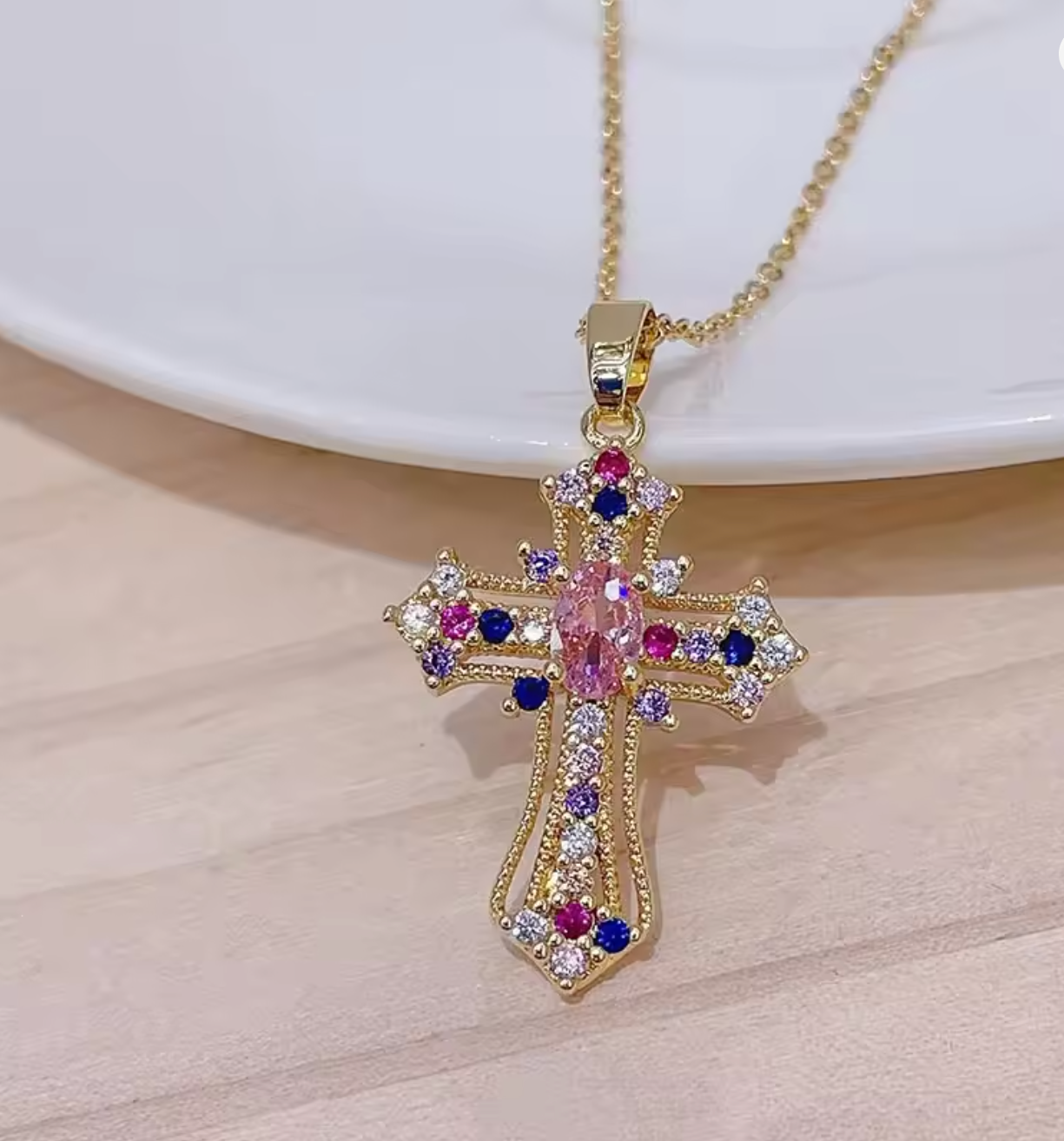 Gold-tone multicolor zircon cross pendant necklace