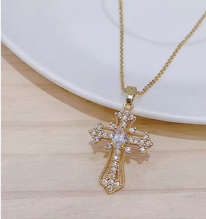 Gold-tone clear zircon cross pendant necklace
