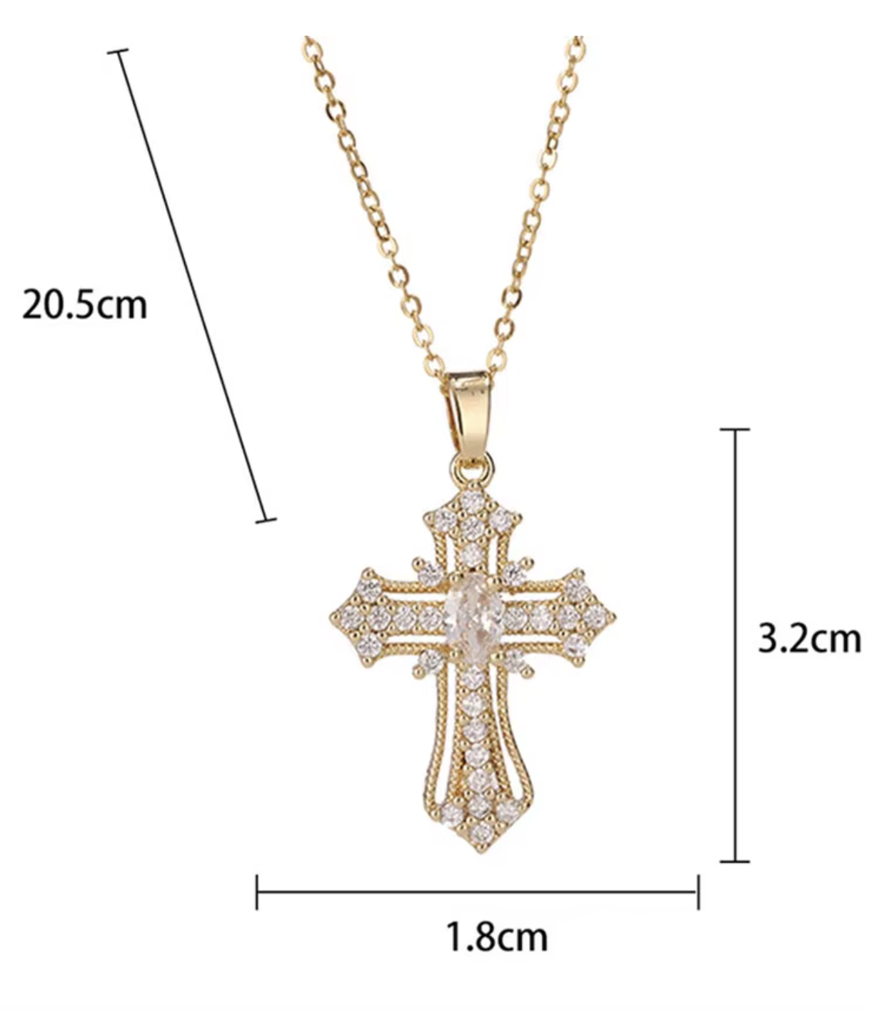 Gold-tone zircon cross necklace dimensions reference