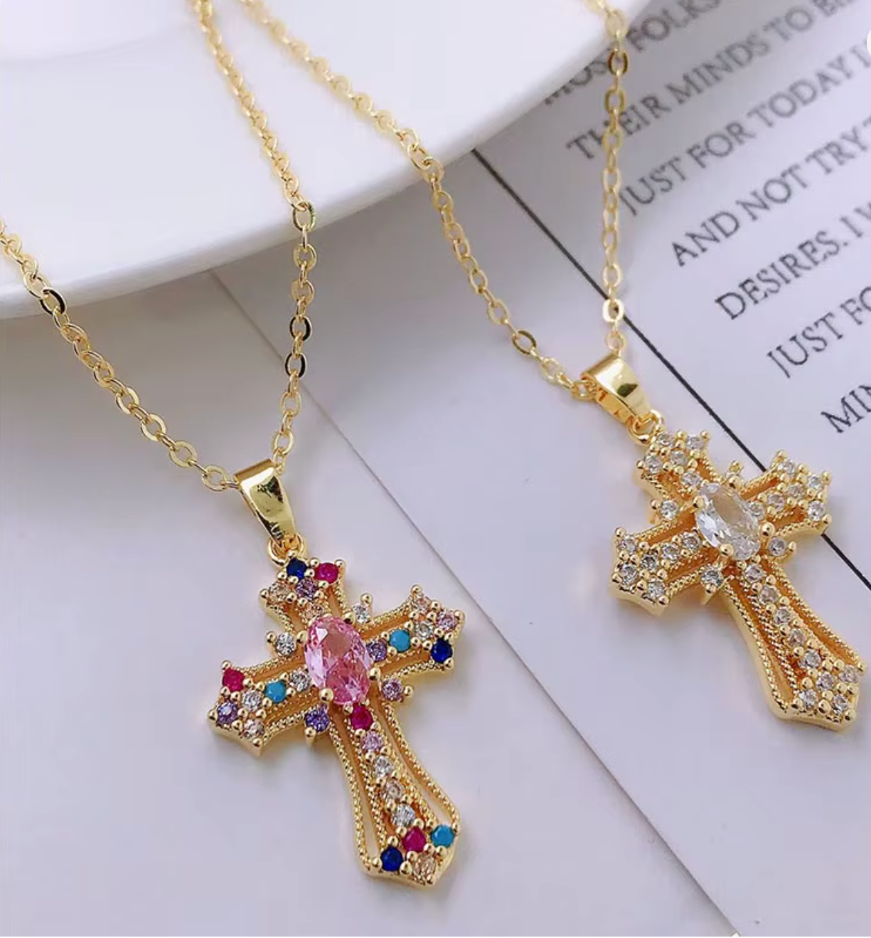 Gold-tone zircon cross pendant necklaces, multicolor and clear styles