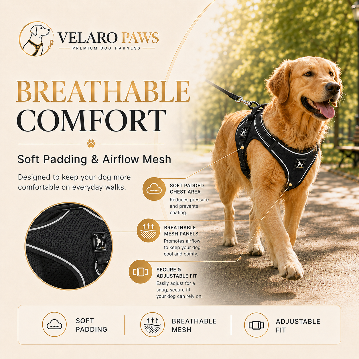 VELARO PAWS breathable padded dog harness with airflow mesh and adjustable fit