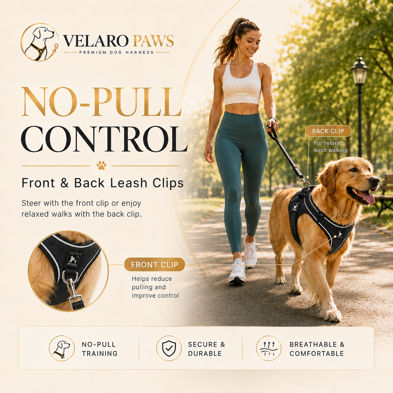 VELARO PAWS Reflective No-Pull Dog Harness with front and back leash clips