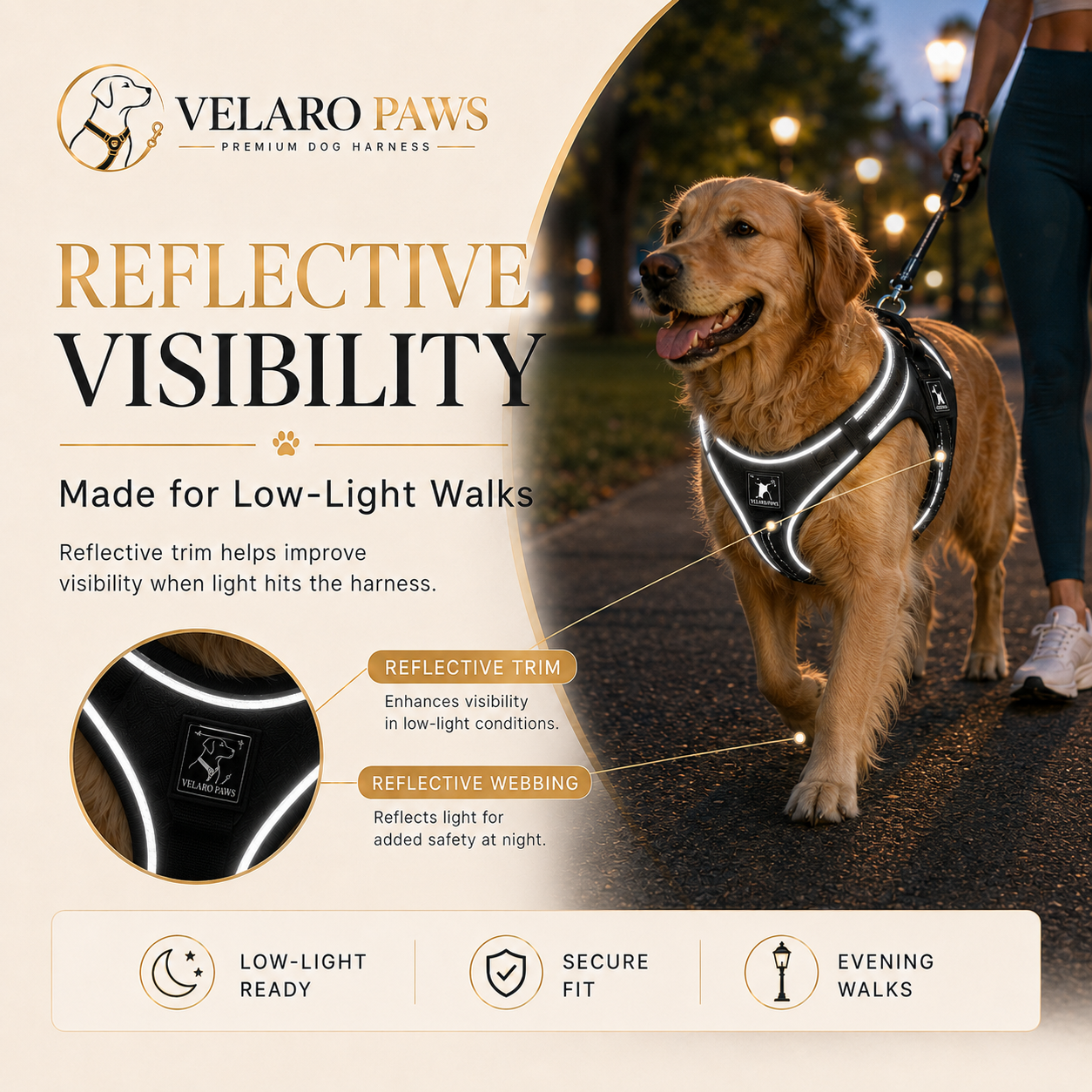 VELARO PAWS reflective dog harness for low-light evening walks