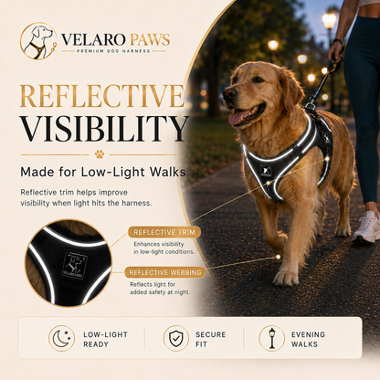 VELARO PAWS reflective dog harness for low-light evening walks
